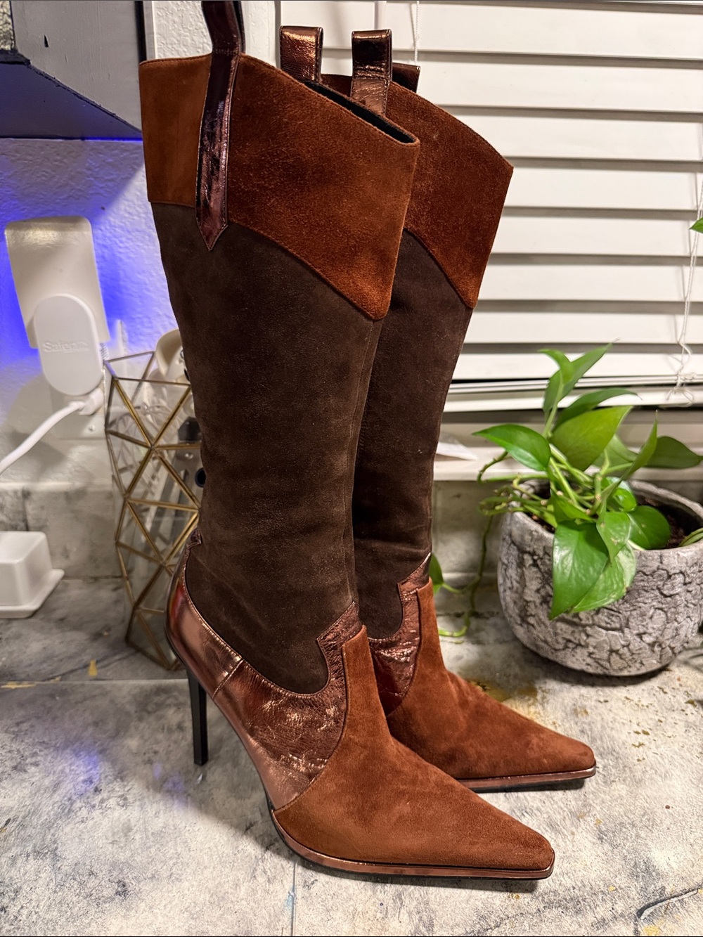 Jeffrey Campbell Brown Suede Metallic Western Knee High Boots Size 8.5